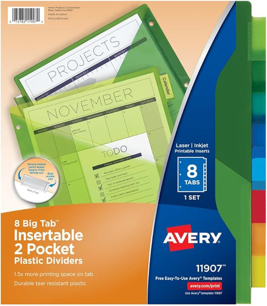 Avery Dividers for 3 Ring Binders, 8-Tab Two-Pocket Plastic Binder Dividers, Multicolor (24 Sets of 11907)