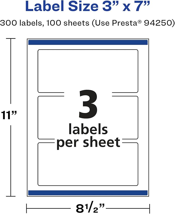 Avery Glossy White Rectangle Labels, Sure Feed Technology, 3" x 7", 300 Glossy White Labels, Print-to-The-Edge, Permanent Adhesive, Laser/Inkjet Printable