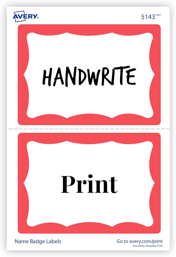 Avery Customizable Name Tags, 2-1/3" x 3-3/8", White with Red Border, 100 Removable Name Badges (05143)