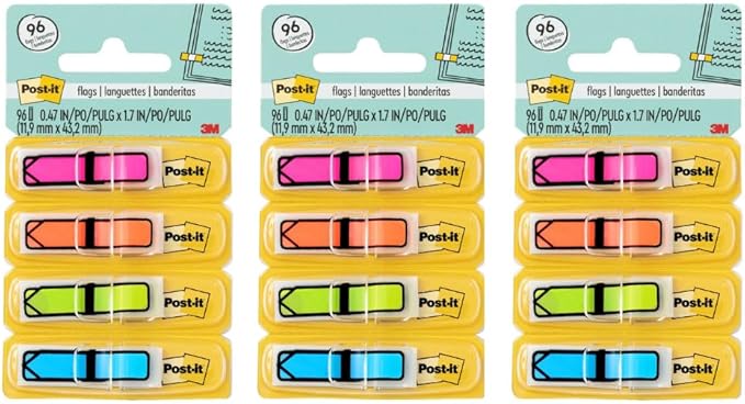 Post-it Arrow Flags, Assorted Bright Colors, .47 in Wide, 96 Flags/Pack (684-ARR4), 3 Pack, 288 Total Flags
