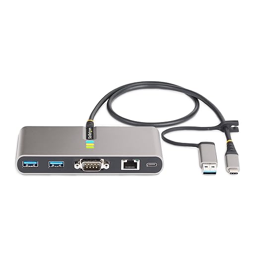 StarTech.com 2-Port USB-C Hub with Gb Ethernet and RS232 FTDI Serial, Attached USB-C to USB-A Dongle, 100W PD Pass-Through, 2X USB-A 5Gbps