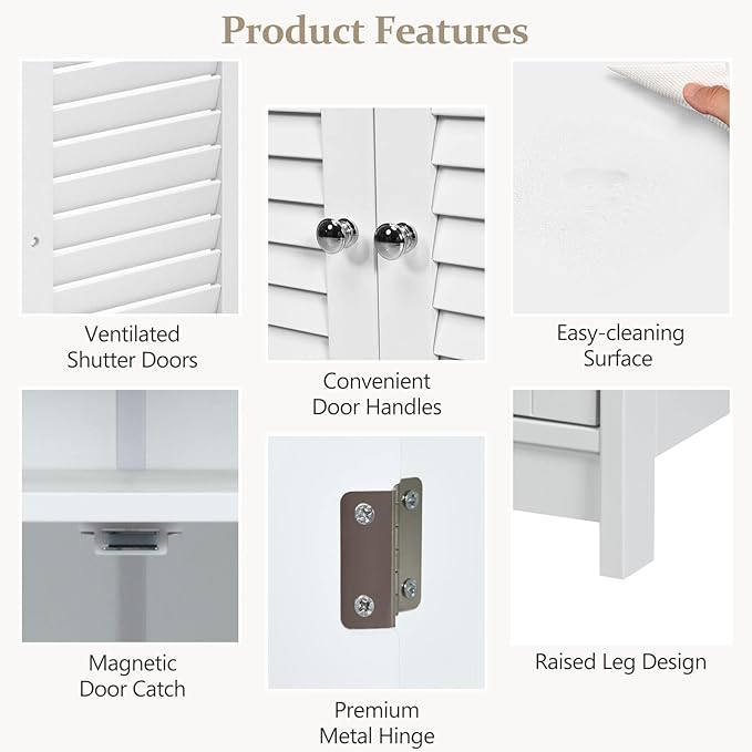 COSTWAY Bathroom Storage Cabinet, Wooden Side Storage Organizer with Louver Doors & Removable Shelf, Freestanding Floor Cabinet for Living Room, Kitchen, Entryway (White)