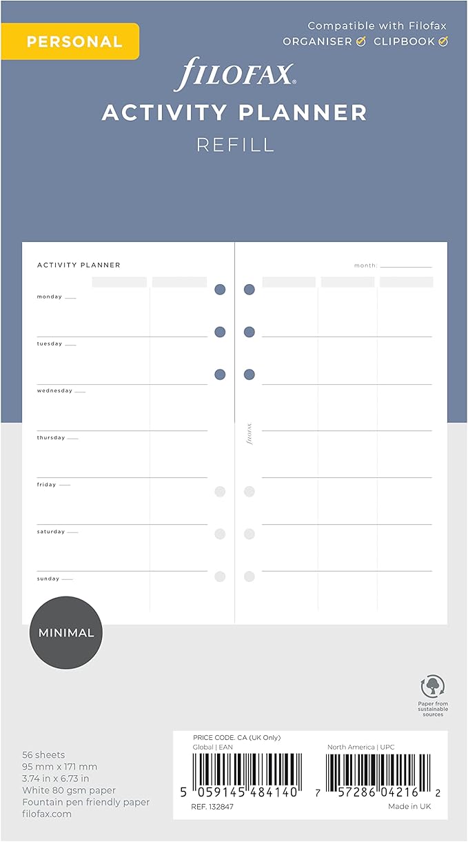 Filofax Lifestyle Refill, Personal Size, Organizer Refill, White Paper, Activity Planner, 56 Sheets (B132847)