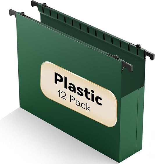 Plastic Hanging File Folders Expandable,12 Pack Heavy Duty Hanging File Folder Letter Size,2 Inch Expansion Extra Capacity Folders,Adjustable Tabs,Green Hanging Folder Designed for Bulky Files