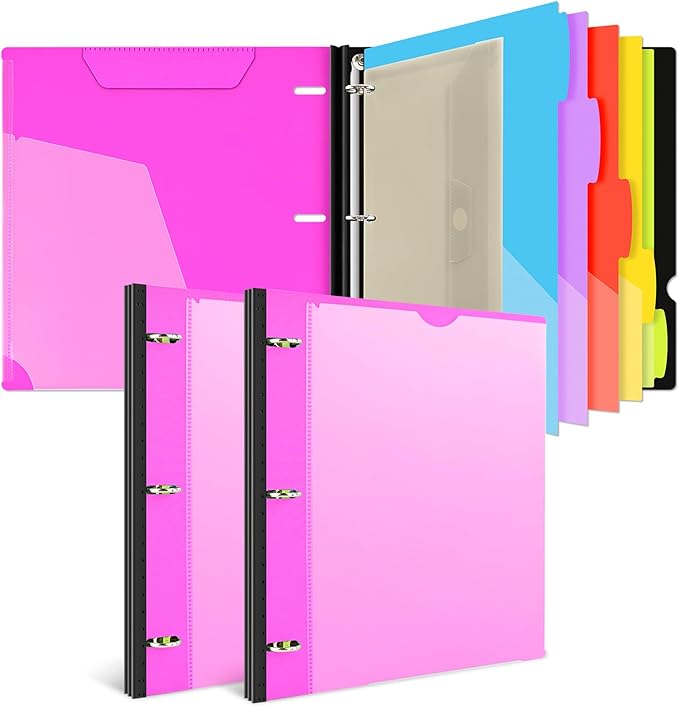INFUN 1 Inch Telescoping Project Organizer Binder-2PCS,13 Pocket, Customizable Front Cover, 5 Colors Pocket Divider and Plastic Binder Pocket，225 Sheet Capacity-Pink