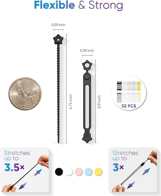 52 Pack Silicone Cable Ties, Reusable Star Design Cord Organizer Straps in 2 Styles, Durable & Stretchable Wire Management for Home, Office, Travel (Black)