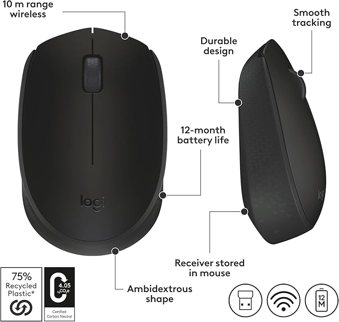 Logitech M170 Wireless Mouse for PC, Mac, Laptop, 2.4 GHz with USB Mini Receiver, Optical Tracking, 12-Months Battery Life, Ambidextrous - Black