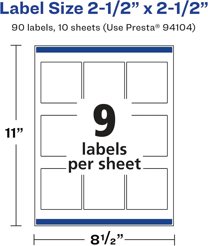 Avery Glossy White Square Labels, Sure Feed Technology, 2.5" x 2.5", 90 Glossy White Labels, Permanent Adhesive, Laser/Inkjet Printable