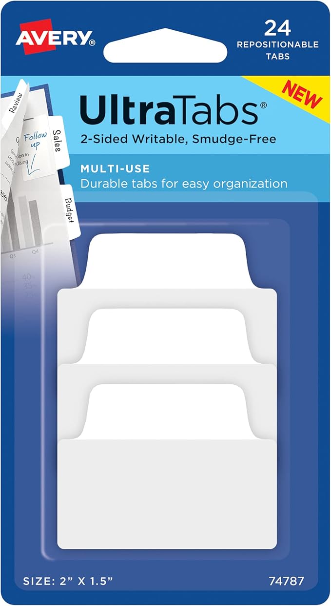 Avery Multiuse Ultra Tabs, 2" x 1.5", 2-Side Writable, White, 24 Repositionable Tabs (74787)