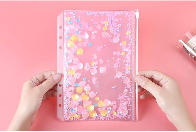 3 Pack A5 6 Holes Binder Pockets Plastic Binder Zipper Folders Waterproof 6 Holes Zipper Loose Leaf Bags Zip Lock Envelope for Documents Notebooks Cards (Sequins Decorate Zip Pocket, A5)
