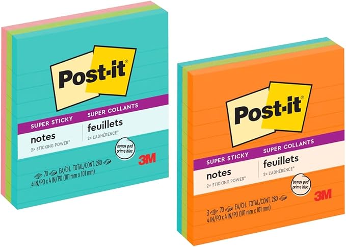 Post-it Super Sticky Notes, 4x4 in, 3 Pads, 2X The Sticking Power, Assorted Bright Colors, Lined (675-3SSMX)