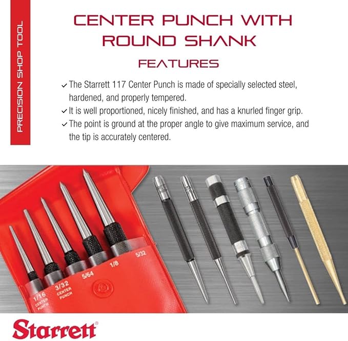 Starrett Steel Center Punch with Round Shank and Knurled Finger Grip - Hardened and Tempered Steel, 75mm Length, 1.5mm Diameter Tapered - 117AA