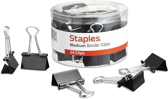 Staples Binder Paper Clips, 5/8 Inch Capacity, Medium, 24-Pack, Black