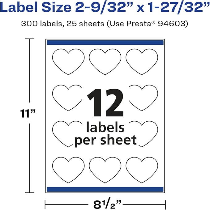 Avery Glossy White Heart Labels, Sure Feed Technology, 2-9/32" x 1-27/32", 300 Glossy White Labels, Print-to-The-Edge, Permanent Adhesive, Laser/Inkjet Printable