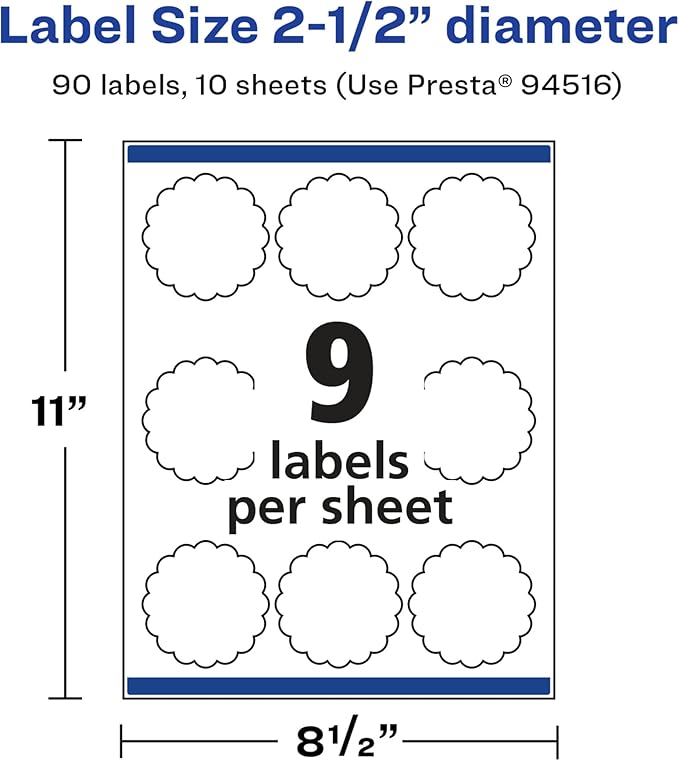 Avery Glossy White Round Scalloped Labels, Sure Feed Technology, 2.5" Diameter, 90 Glossy White Labels, Print-to-The-Edge, Permanent Adhesive, Laser/Inkjet Printable