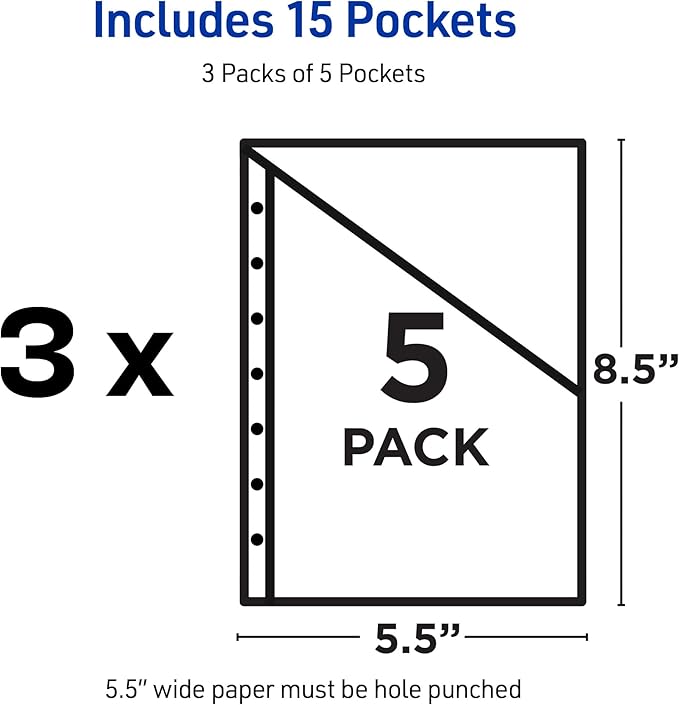 Avery Mini Binder Pockets for 3 Ring Binders and 7 Ring Binders, Assorted Colors, for 5.5" x 8.5" Documents, Acid-Free and Archival-Safe, 15 Binder Folders Total (3-Pack of 24467)