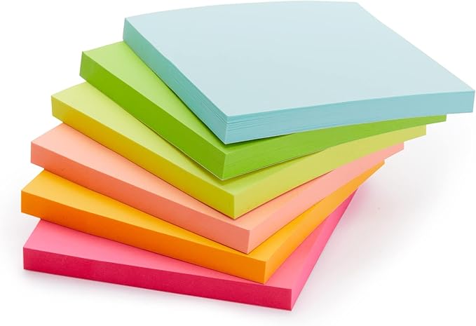 Amazon Basics Square Sticky Notes for Home, Office, School Supplies, Clean Removal, 3x3 Inches, Assorted Bright Colors, Self-Stick Pads, 70 Sheets/Pad, 12-Pack