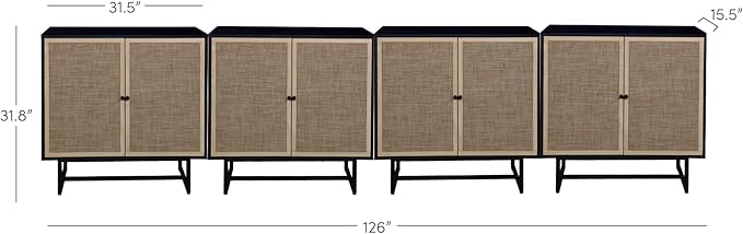 Nathan James Kova Rattan Wood Accent Sideboard Storage Cabinet TV Stand with Matte Metal Frame, Adjustable Shelves and Cane Doors, for Hallway, Entryway or Living Room, Black Oak/Cane, Set of 4