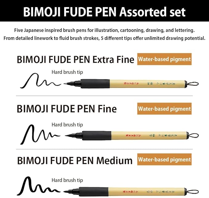 Kuretake Bimoji Brush Pen, 5 pcs set, brush tip marking fude brush pen, for Calligraphy, lettering, illustration, Professional, Made in Japan