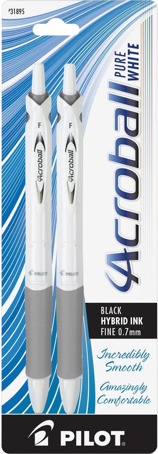 Pilot Acroball PureWhite Retractable Advanced Ink Ball Point Pens; Fine Point, Black Ink, Silver Accents 2-Pack (31895) Ultra-Smooth Writing, Smear-Resistant Advanced Ink for Skip-Free Lines