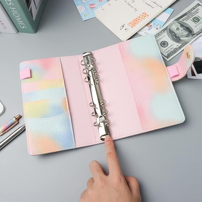 Pink PU Leather Budget Binder Cover, for A6 6-Ring Money Organizer Budgeting Refillable Loose Leaf Receipt Binder Notebook Bookmark Planner Book with Card Pockets Snap Buckle
