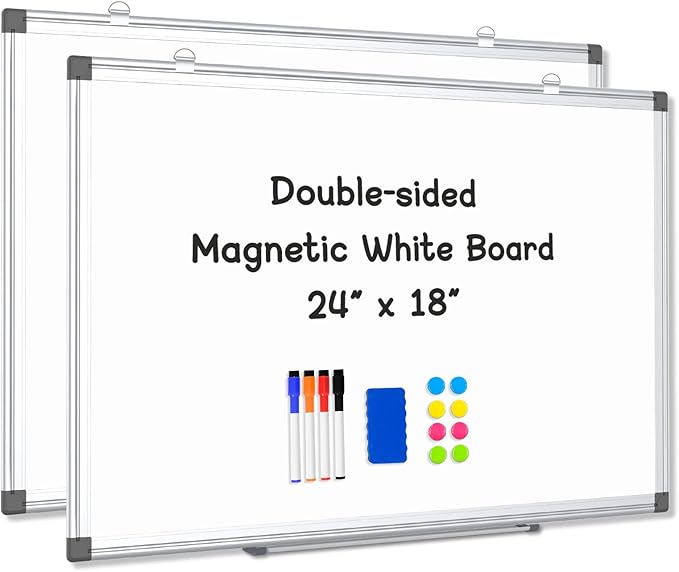 2 Pack Double-Sided Magnetic Whiteboard, 24" x 18" Dry Erase Board, Aluminum Frame White Board for Wall, Hanging Mounting White Board Dry Erase Marker Board for Office, School, Home
