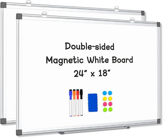2 Pack Double-Sided Magnetic Whiteboard, 24" x 18" Dry Erase Board, Aluminum Frame White Board for Wall, Hanging Mounting White Board Dry Erase Marker Board for Office, School, Home