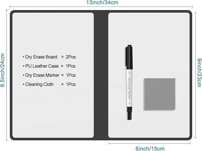 Portable Dry Erase Board,Reusable Whiteboard Notebook, Double-Sided White Board PU Cover 9.5"x6.6" with Marker,Wipe Cloth (Dark Black)