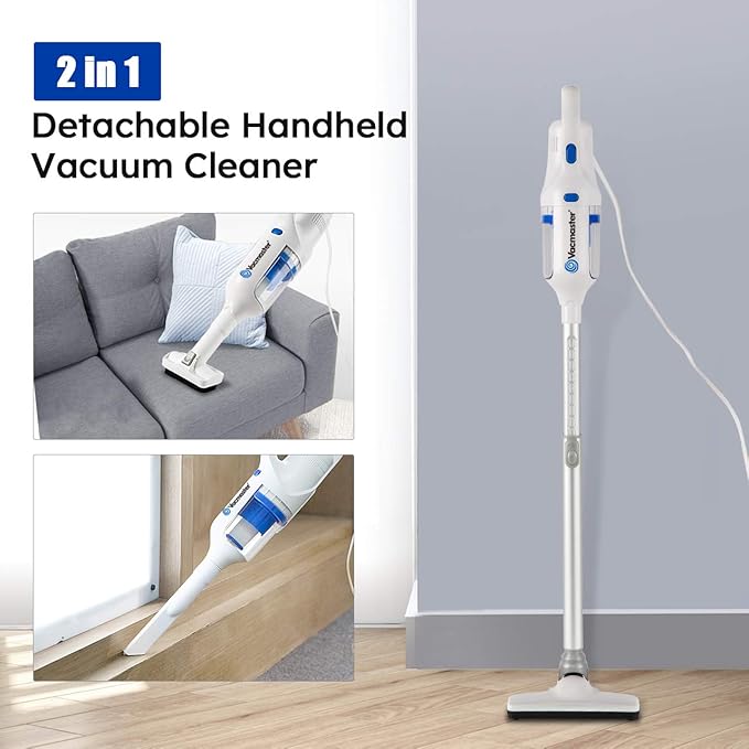 Vacmaster Corded Stick Vacuum Cleaner 2 in 1 Ultra-Lightweight 14Kpa Power Suction Handheld Vacuum Cleaner with Washable HEPA Filter for Home, Car, Pet Hair, Carpet, Hard Floor