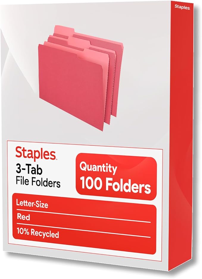 Staples File Folders, Letter Size, 1/3‑Cut Tabs, Red, Durable 10.5‑Point Paper Stock, 100/Pack