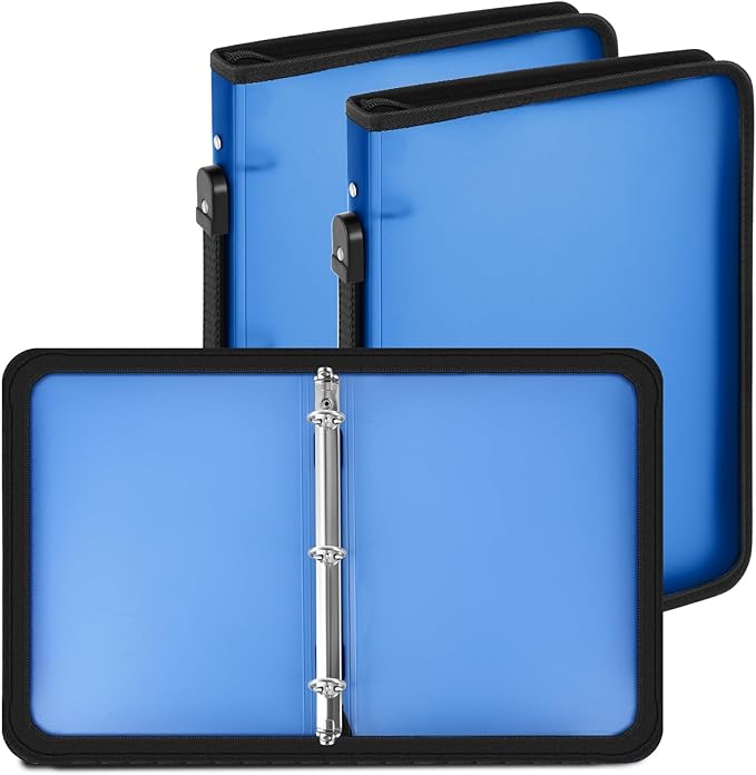 Teling 2 Pcs Plastic Zipper Binders with 3 Ring Zipper Binder, Refillable File Organizer Planner for Projects, Assignments, Memos, School Work (1 Inch,Blue)