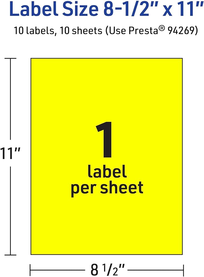 Avery Printable Sticker Paper, 8-1/2" x 11", Full-Sheet Labels, Neon Yellow Labels, Laser/Inkjet Printable, 10 Total, Great for Packaging and Stickers