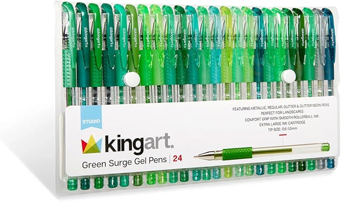 KINGART Green Tones Rollerball Gel Pens, Set of 24 Colors, XL Ink Cartridge - More Ink, All Ages, Writing, Coloring, Doodling, Scrapbooking, Journaling & More