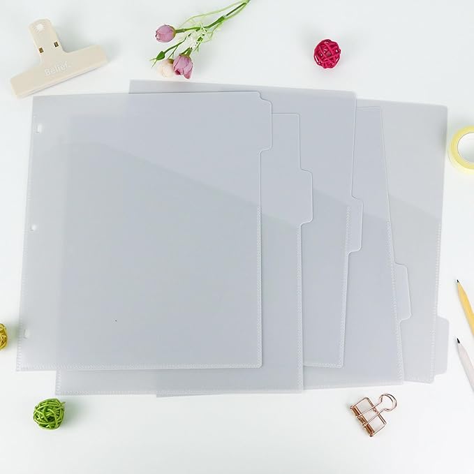 Koqye Binder Dividers with Pockets - 5 Plastic Dividers for 3 Ring Binders - A4 Bividers with Pocket & Tabs for Planners (Grey - 5 Tabs)