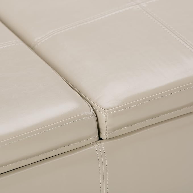 SIMPLIHOME Avalon Storage Ottoman - 42 inch Wide Upholstered Vegan Leather Rectangular Flip-Top Ottoman in Satin Cream, Contemporary Coffee Table Ottoman for Living Room with Hidden Storage