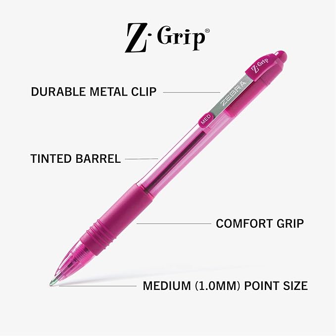 Zebra Pen Z-Grip Retractable Ballpoint Pen, Smooth-Flowing Assorted Fashion Colors, 1.0mm Medium Point, School & Office Supplies, Ideal for Note-Taking, Journal and Planner Use, 18-Pack (22208)