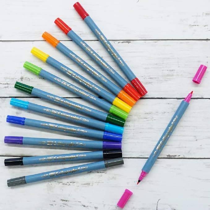 Kuretake ZIG Calligraphy Marker Pens, 12 Colors set, 2mm & 3.5mm Dual Tip Markers, for Writing & Hand Lettering, for Professional, Beginner, Water-based dye ink, Made in Japan