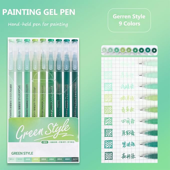 Gel Pens with Fine Point 0.6mm, 9 Colors Drawing Pencils for Adult Coloring Books Smooth Writing Pen Set for Journaling(Green Style)