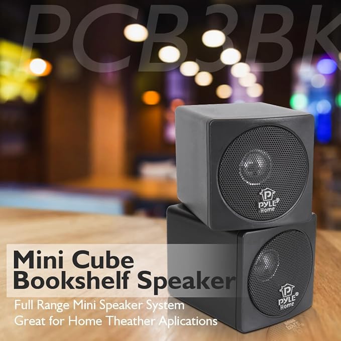 3" Mini Cube Bookshelf Speakers - 100W Small Bookshelf Speakers w/ 3" Paper Cone Driver, 8 Ohm - Passive Audio Book Shelf Speaker Pair For Home Theater Stereo Surround Sound - Pyle Home PCB3BK (Black)