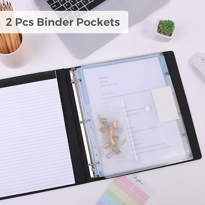SKYDUE Clipboard Binder with Refillable Notepad, PU Clipboard Folder Includes 5 Dividers with 10 Pockets, Labels, 3 Ring Binder 1 Inch for School Office (Fit Letter Sized Paper), Black