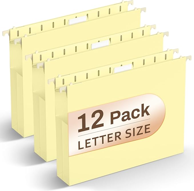 Hanging File Folders Letter Size, Yellow File Folders Hanging with Tabs, Filing Folders Hanging Reinforced Plastic Folders for Filing Cabinet - 12 Pack Home Office Supplies, Yellow