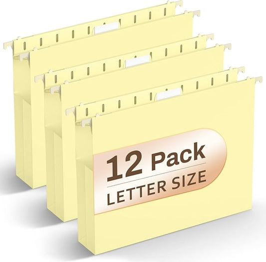 Hanging File Folders Letter Size, Yellow File Folders Hanging with Tabs, Filing Folders Hanging Reinforced Plastic Folders for Filing Cabinet - 12 Pack Home Office Supplies, Yellow