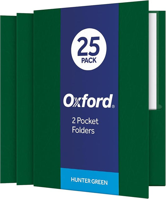 Oxford Two Pocket Folders, Textured Paper, Hunter Green, For School, Home, and Office, Letter Size, 25 Per Box (57556EE)