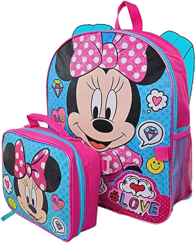 Disney Minnie Mouse Backpack with Lunch Box - Bundle with 16" Backpack, Lunch Bag, Water Bottle, Stickers, More | Minnie Mouse School Bag with Lunchbox for Girls