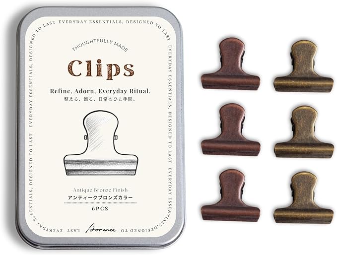 Vintage Metal Clips Set of 6 with Storage Tin – Antique Copper & Patina Bronze Colors – Binder Clips for Paper, Bags, Journals, Crafts & Office Use