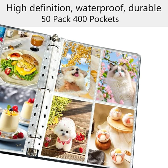 Ultra-Transparent Photo Sleeves Holding 400 Pockets 3.5x5inch Album Refill Pages for 3 Ring Binder, Double-Sided 4 Pocket Pages, Top Loading Sheet Protector Index Card Sleeves 50 Pack