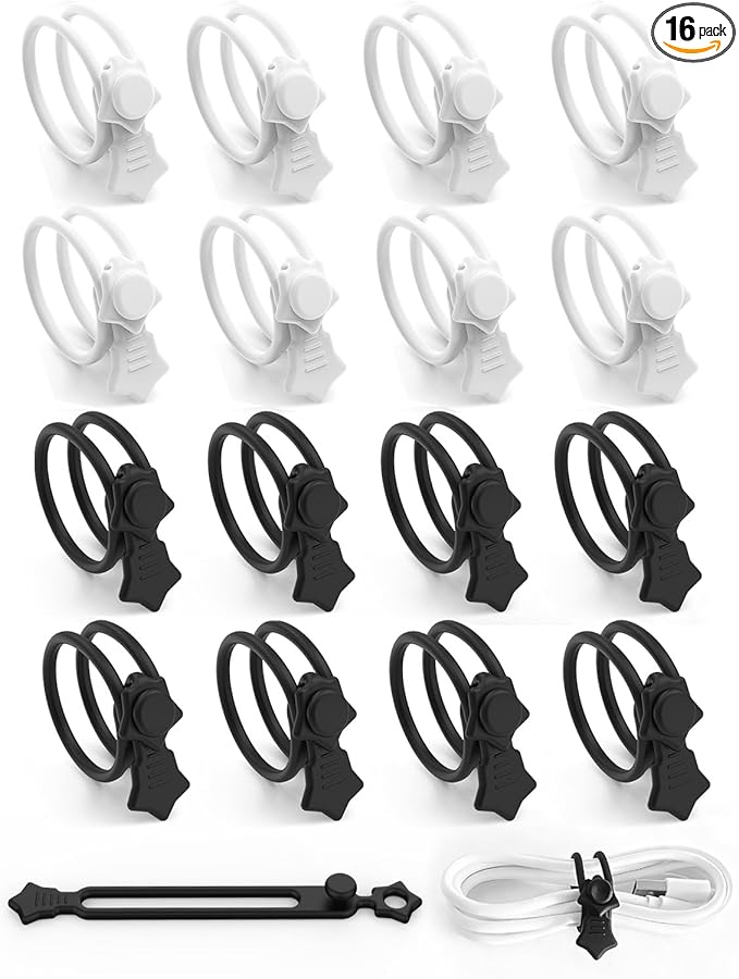 16 Pack Silicone Cable Ties, Reusable Star Design Cord Organizer Straps With 2 Binding Methos, Durable & Stretchable Wire Management for Home, Office, Travel (Black&White)