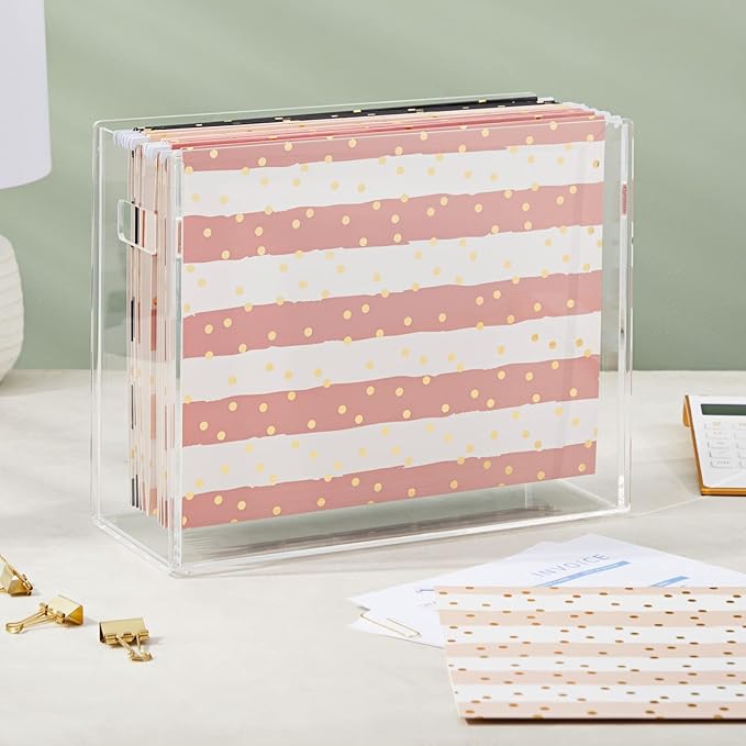 Paper Junkie 12 Pack Striped Decorative Hanging File Folders with 1/5 Tab for File Cabinet Featuring Gold Foil Dots in 3 Colors (11.75 x 9 in)