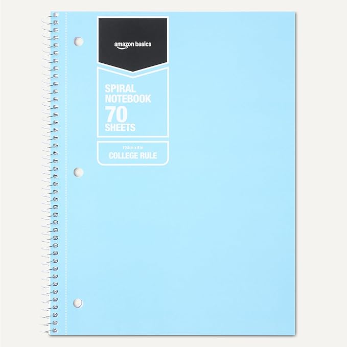Amazon Basics Wide-Ruled Spiral Notebook, For Work and School, 70 Sheets, 8" x 10.5", Light Blue, 2-Pack