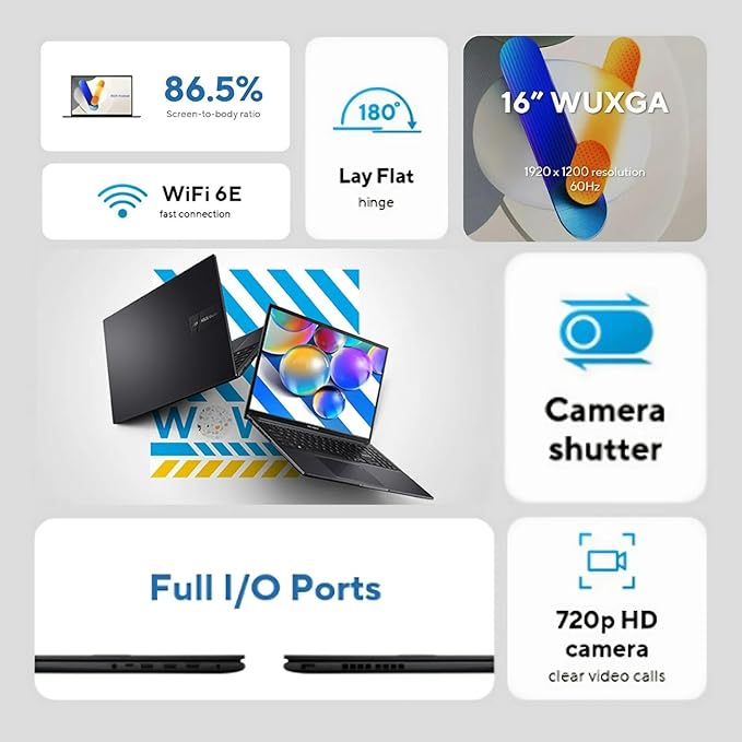 ASUS Vivobook 16" WUXGA Laptop Intel Core i7-1355U 16GB RAM 512GB SSD Intel Iris Xe Graphics Lightweight Portable Notebook Black Windows 11